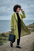 Light Green Contrast Trim Long Draped Coat with Shawl Collar - Long coat - Photo 5