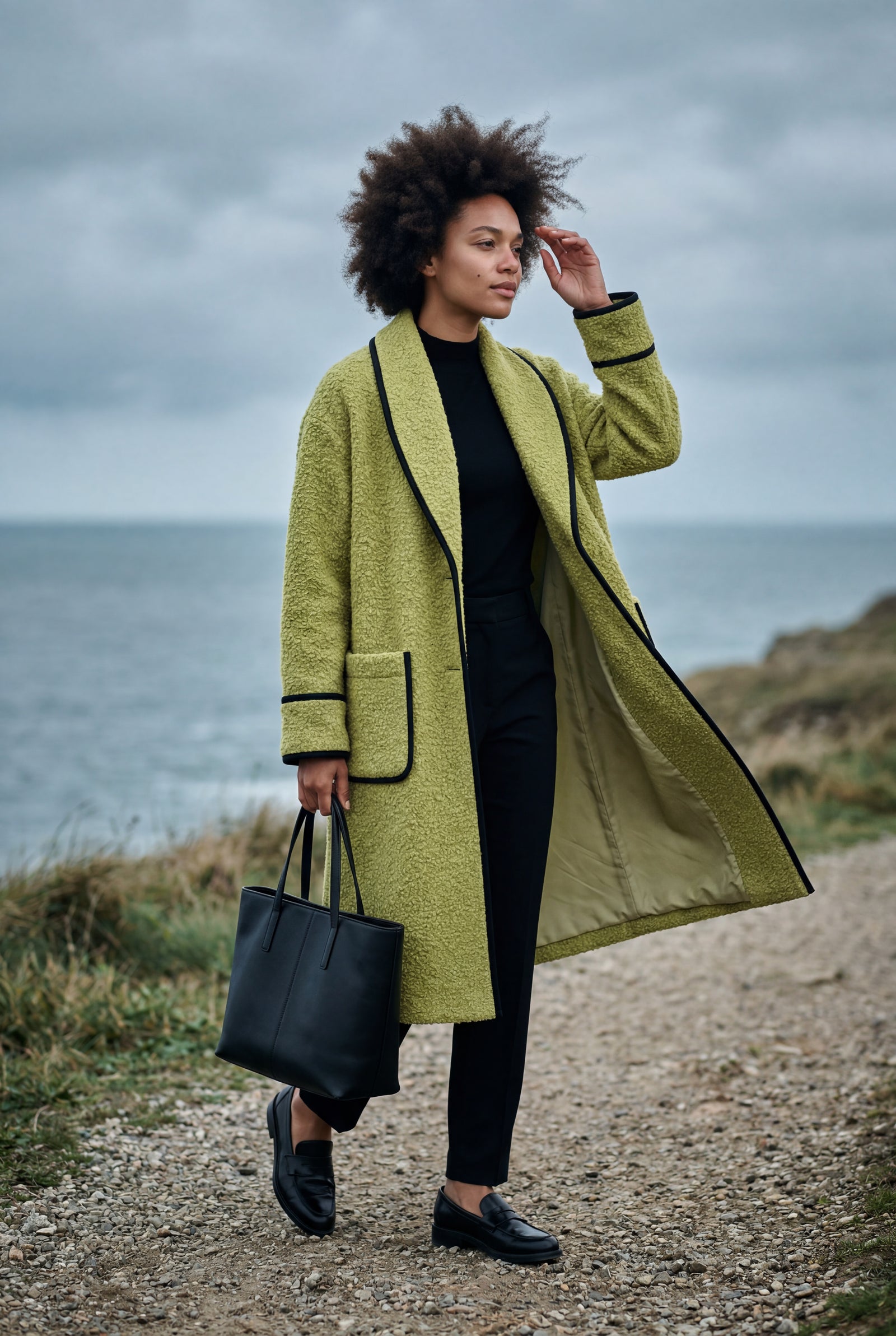 Light Green Contrast Trim Long Draped Coat with Shawl Collar - Long coat - Photo 5