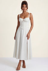 White Corset Bodice A-line Midi Dress with Sweetheart Neckline - Photo 1