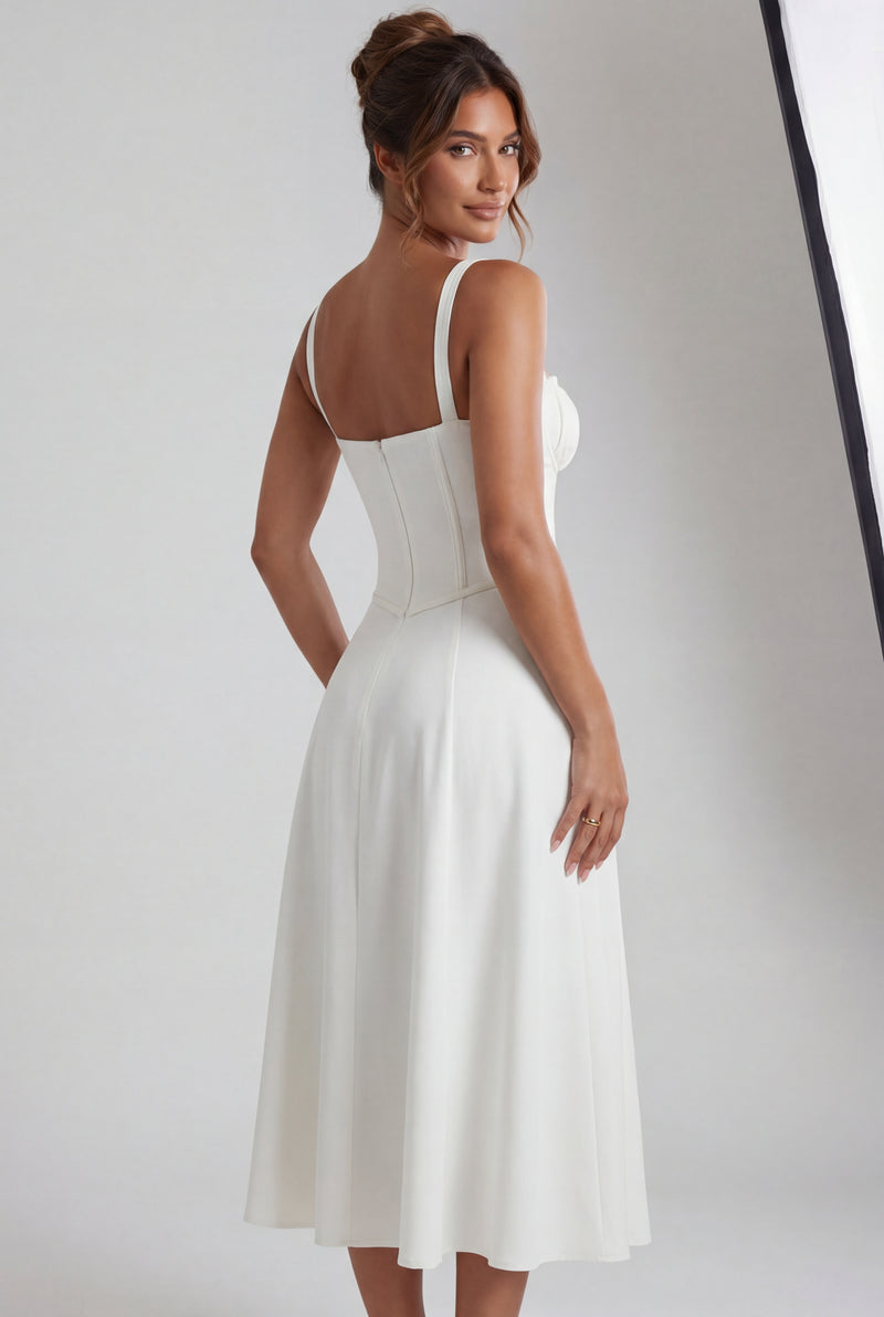 White Corset Bodice A-line Midi Dress with Sweetheart Neckline - Photo 2