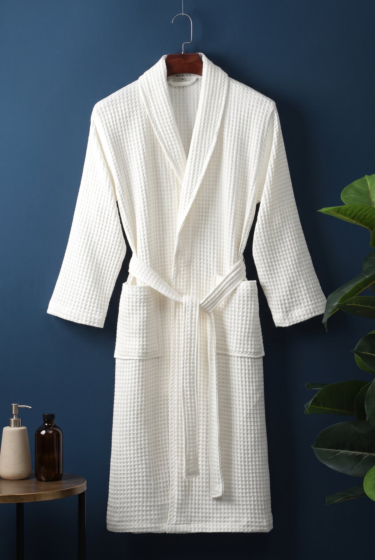 Cotton Waffle Bathrobe in White — studio front