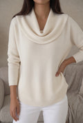 Cowl Neck Knit Sweater in White — studio front