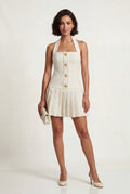 White Cream Halter Mini Dress with Gold Buttons - Photo 1