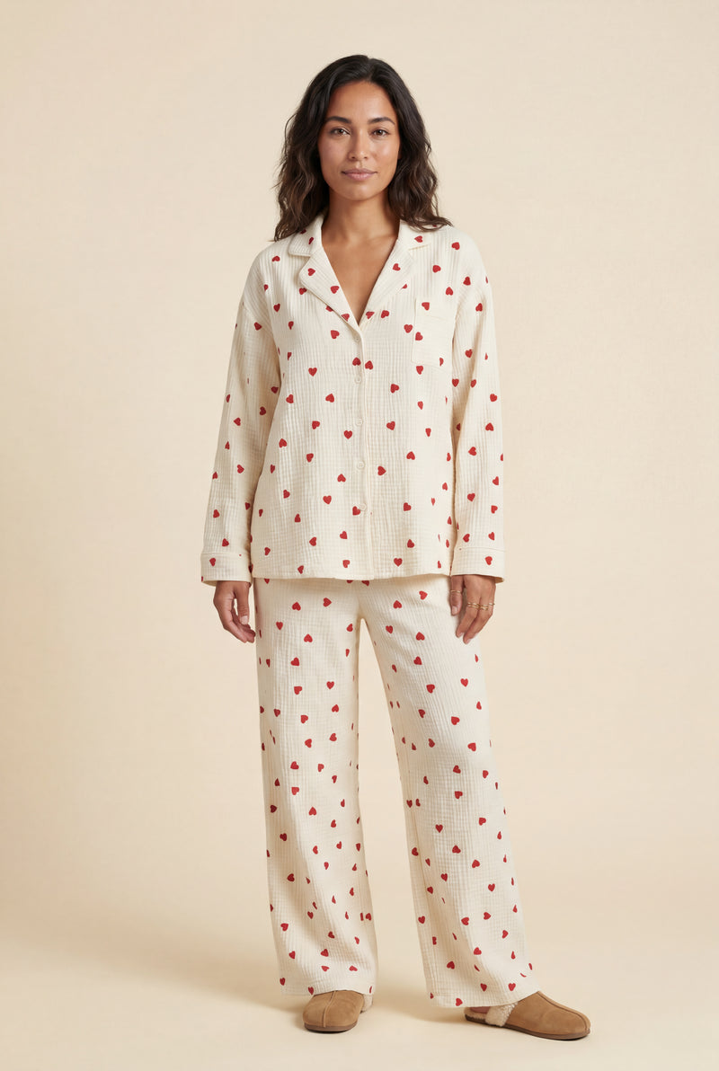 White Cream Heart Print Relaxed Pajama Set - Photo 1