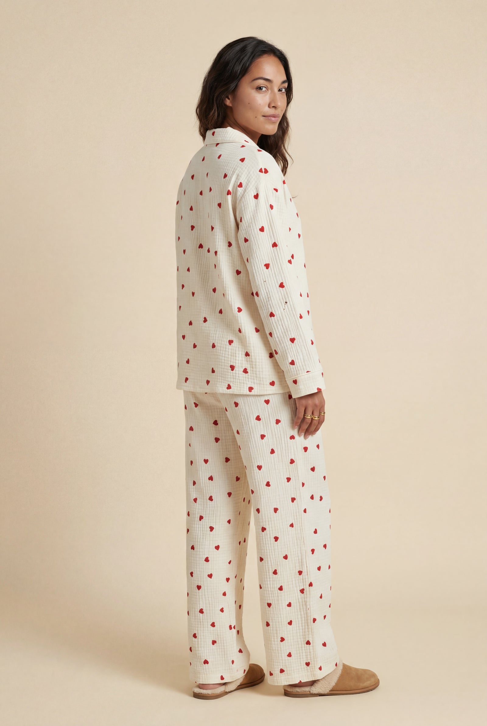 White Cream Heart Print Relaxed Pajama Set - Photo 2