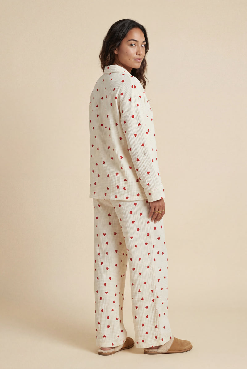 White Cream Heart Print Relaxed Pajama Set - Photo 2