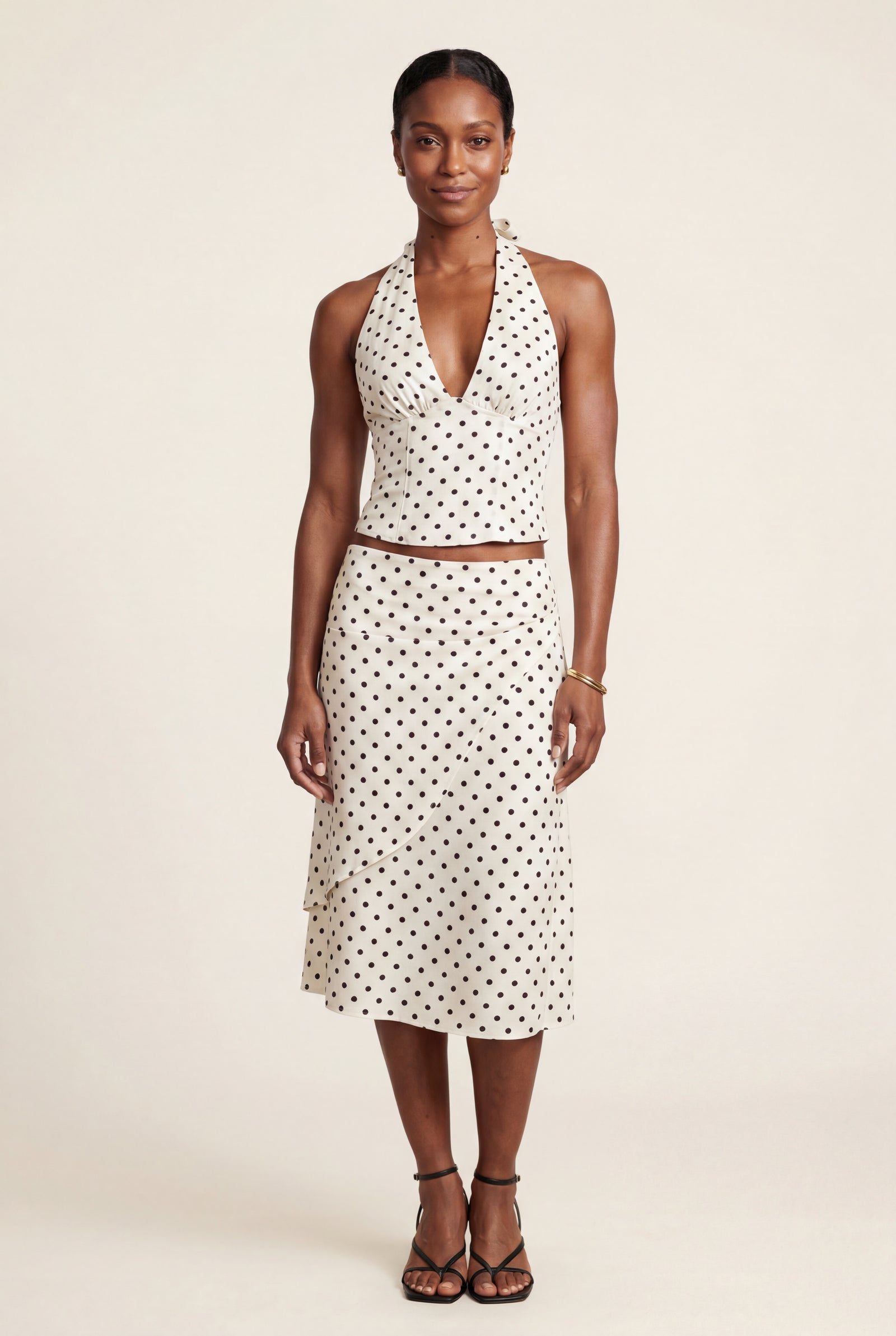 White Cream Polka Dot Halter Neck Midi Dress with Open Back - Photo 1