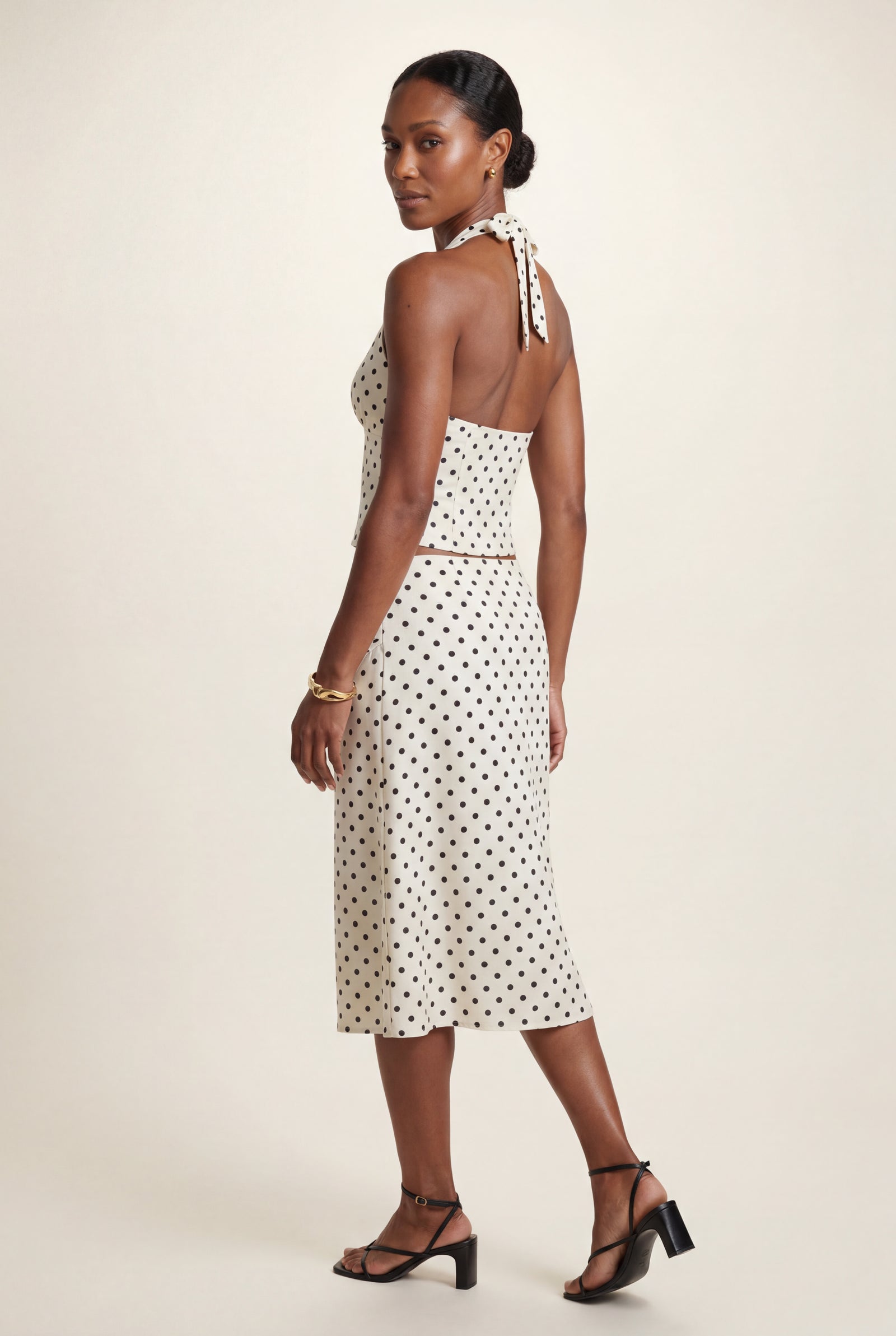 White Cream Polka Dot Halter Neck Midi Dress with Open Back - Photo 2