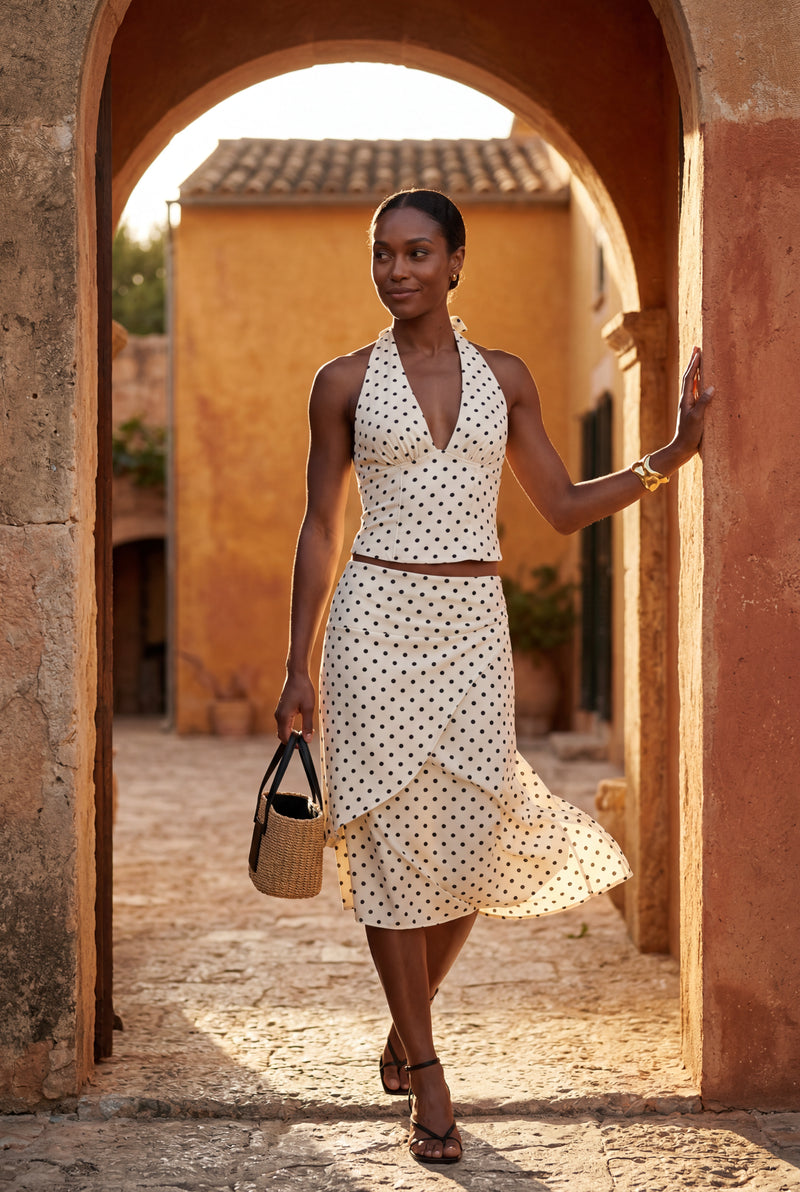 White Cream Polka Dot Halter Neck Midi Dress with Open Back - Photo 4