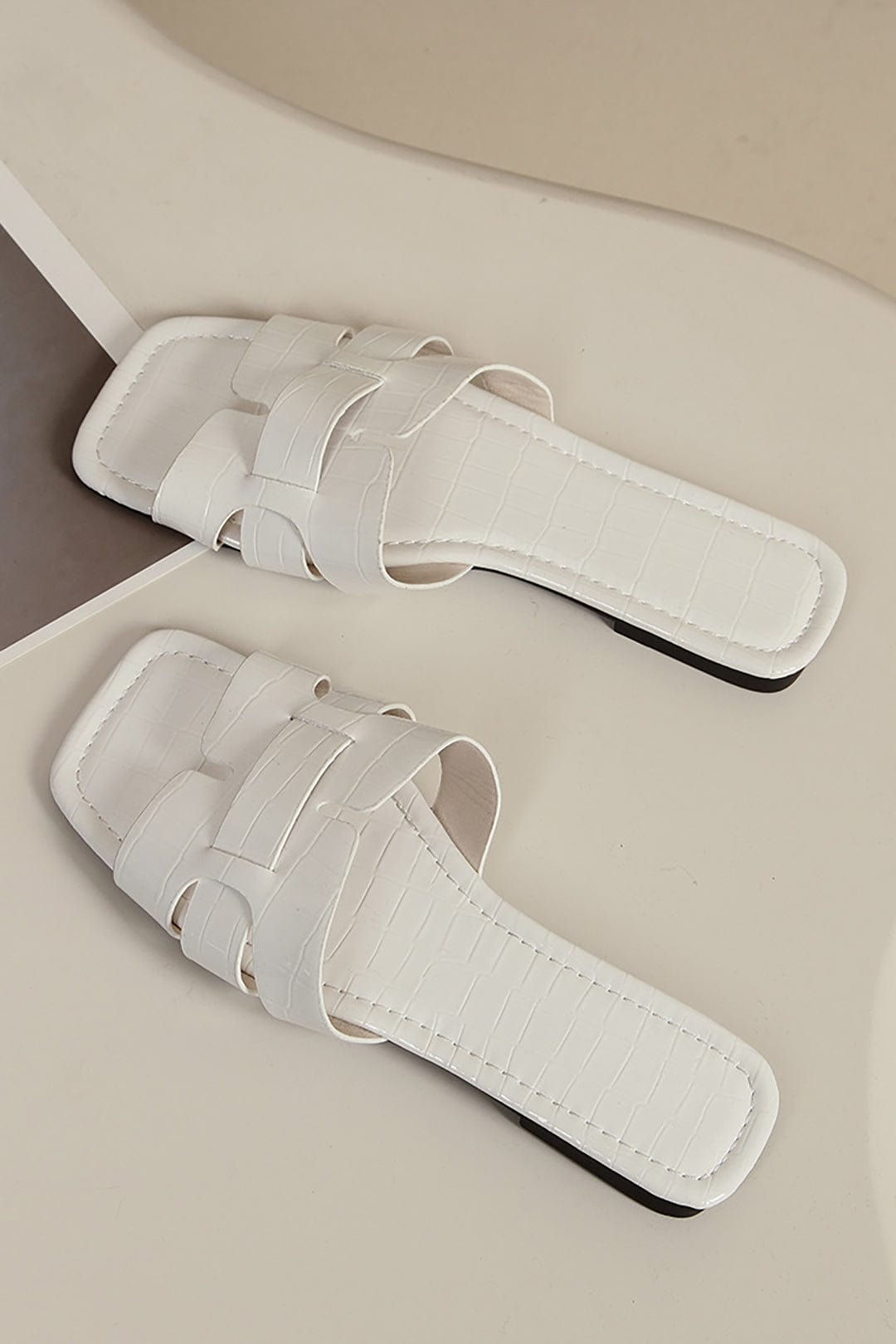 White Croc-embossed Cut-out Slide Sandals with Square Toe - Photo 3