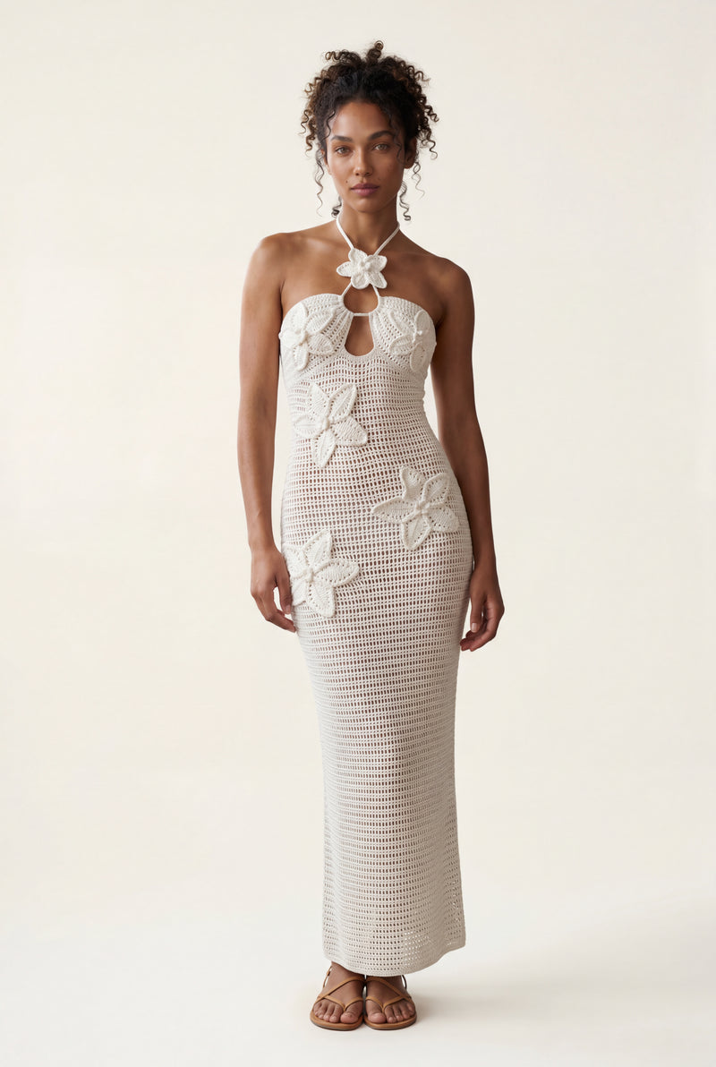 White Crochet Floral Applique Halter Maxi Dress - Photo 4