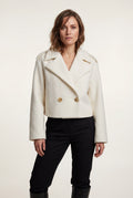 White Cropped Double-breasted Boxy Coat with Notched Lapel - Short coat - Photo 1