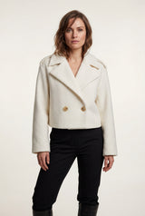 White Cropped Double-breasted Boxy Coat with Notched Lapel - Short coat - Photo 1