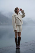 Cream Cropped Double-breasted Boxy Coat with Notched Lapel - Short coat - Photo 15