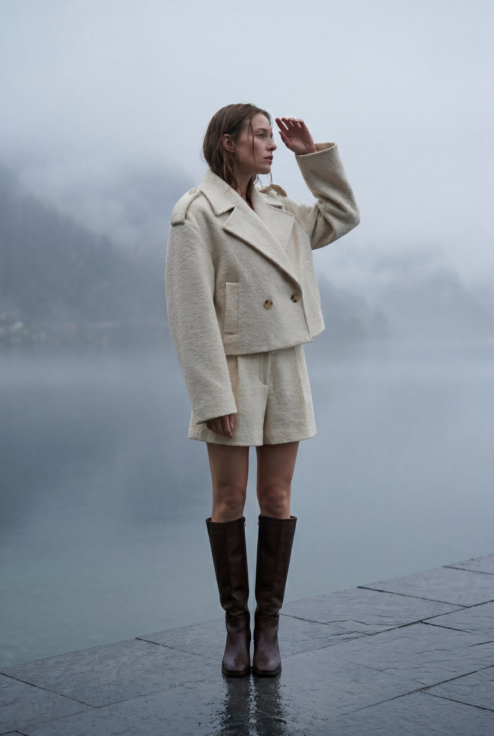 Cream Cropped Double-breasted Boxy Coat with Notched Lapel - Short coat - Photo 15