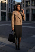 Brown Cropped Double-breasted Boxy Coat with Notched Lapel - Short coat - Photo 17