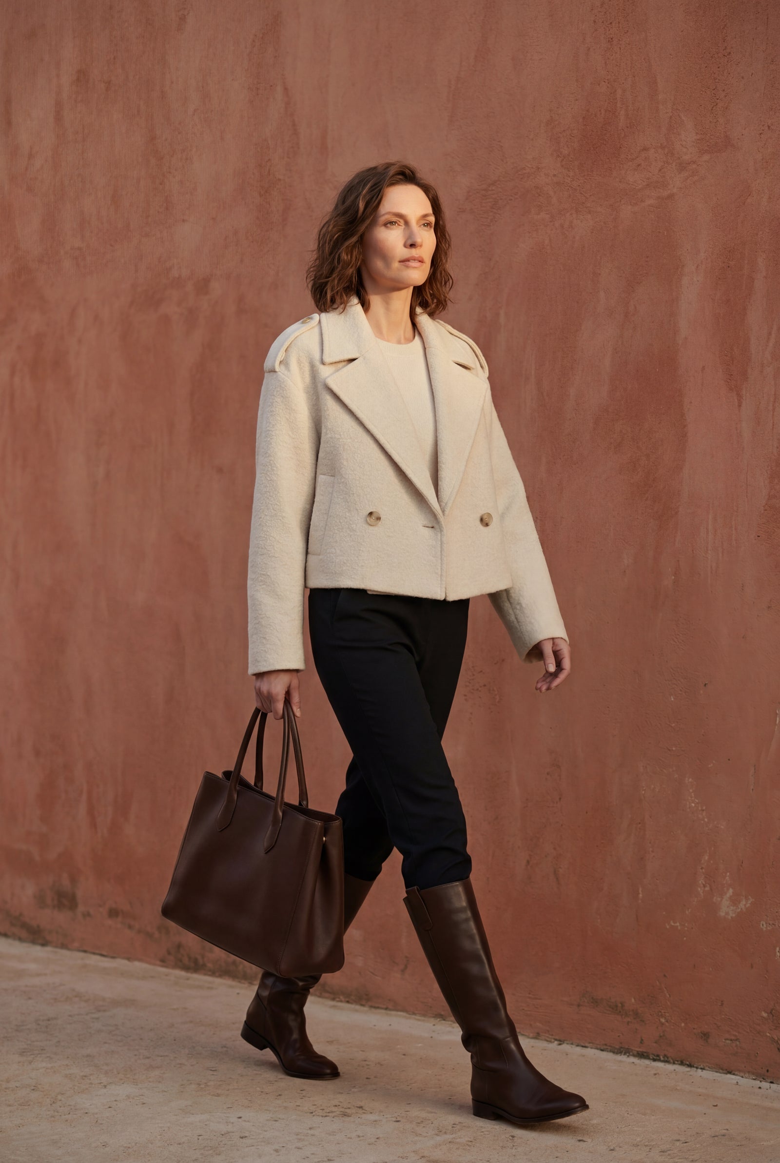 Cream Cropped Double-breasted Boxy Coat with Notched Lapel - Short coat - Photo 8