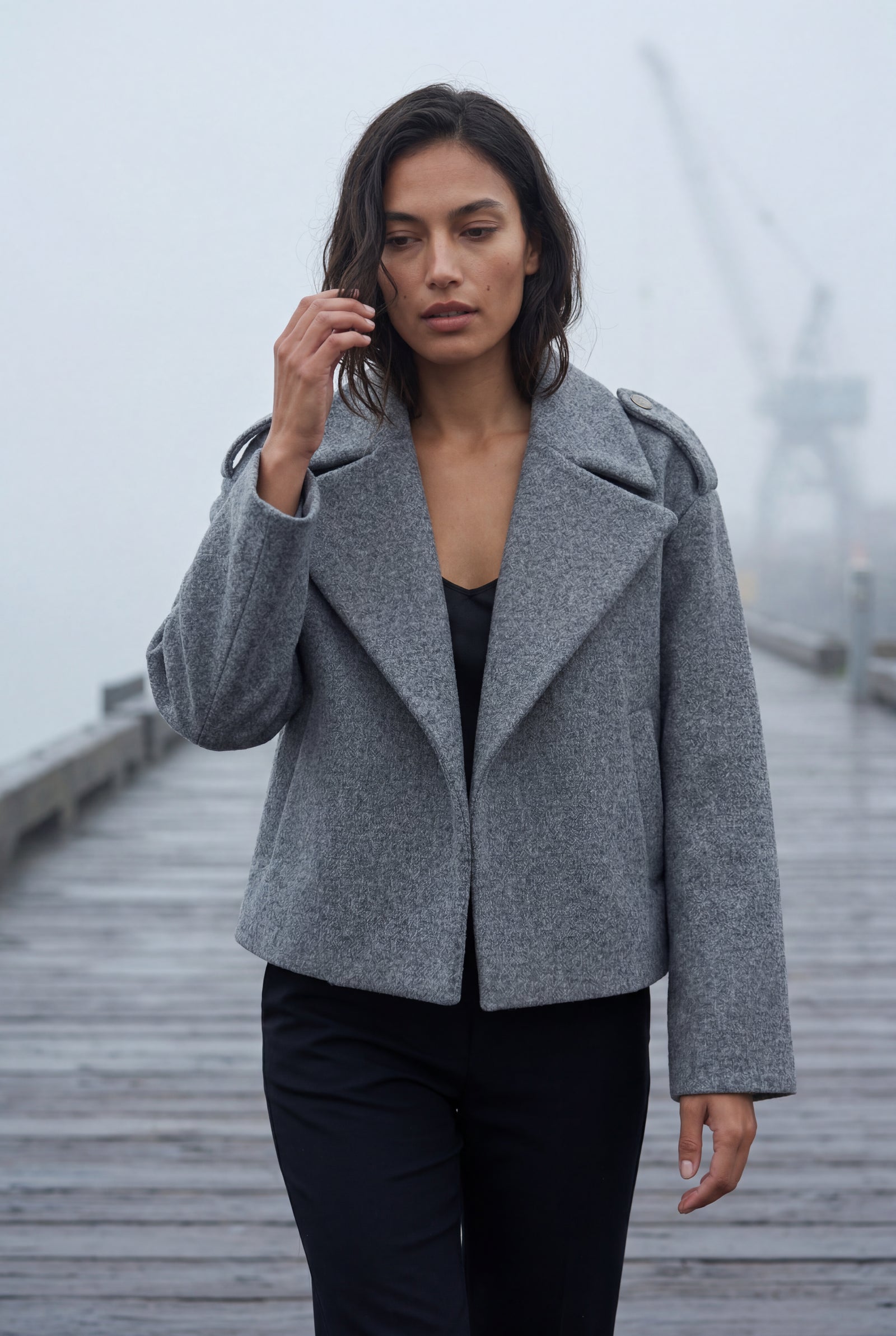 Gray Cropped Double-breasted Boxy Coat with Notched Lapel - Short coat - Photo 9
