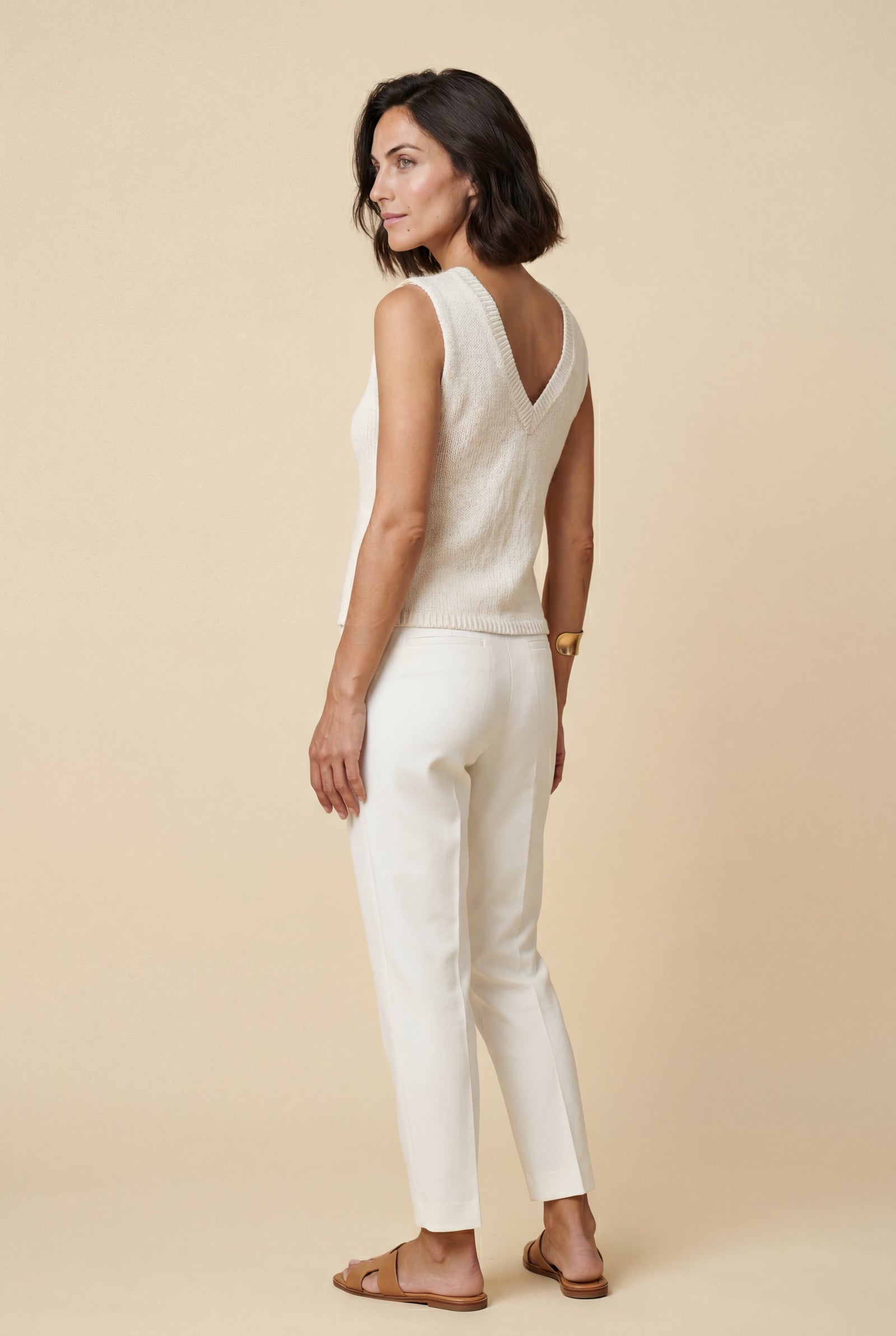White Deep V-neck Cut-out Knitted Sleeveless Vest Top - Sleeveless tops - Photo 4