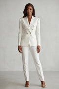 White Double-breasted Blazer and Slim Trouser Suit Set - Photo 20