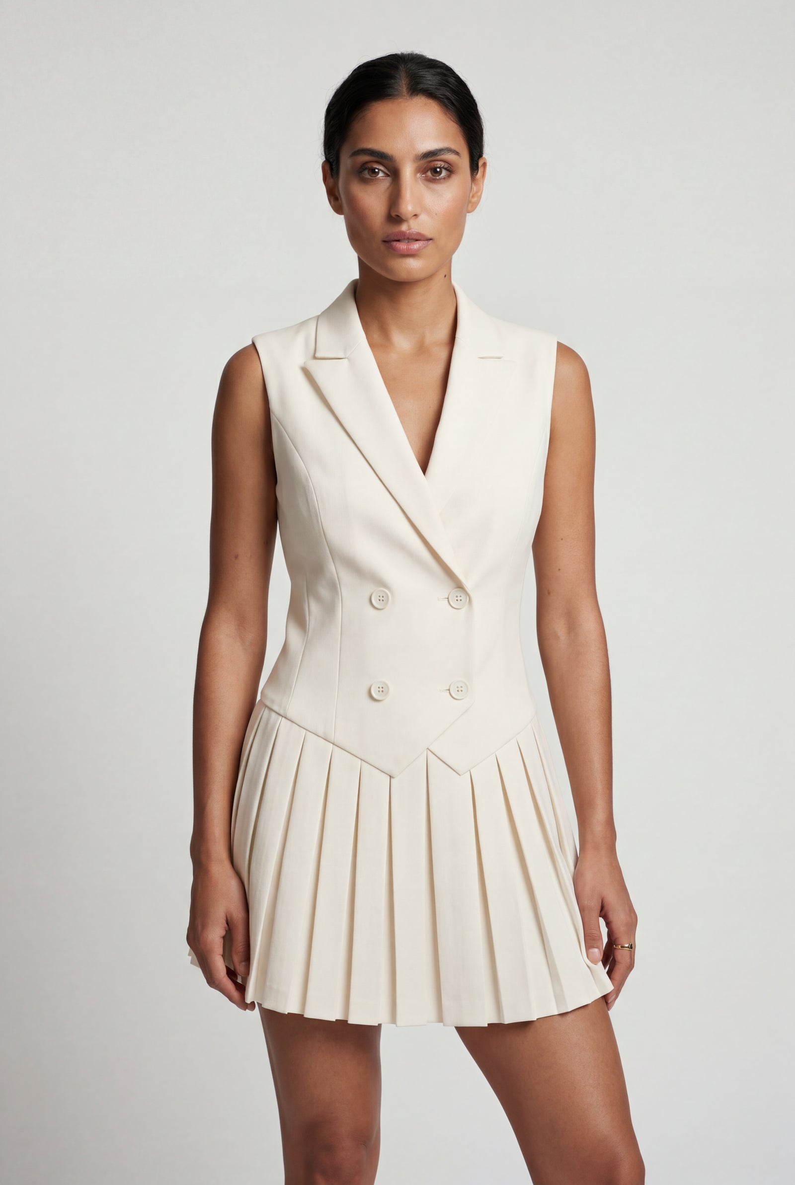 White Double-breasted Blazer Mini Dress with Pleated Skirt - Blazer dress - Photo 1