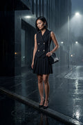 Black Double-breasted Blazer Mini Dress with Pleated Skirt - Blazer dress - Photo 7