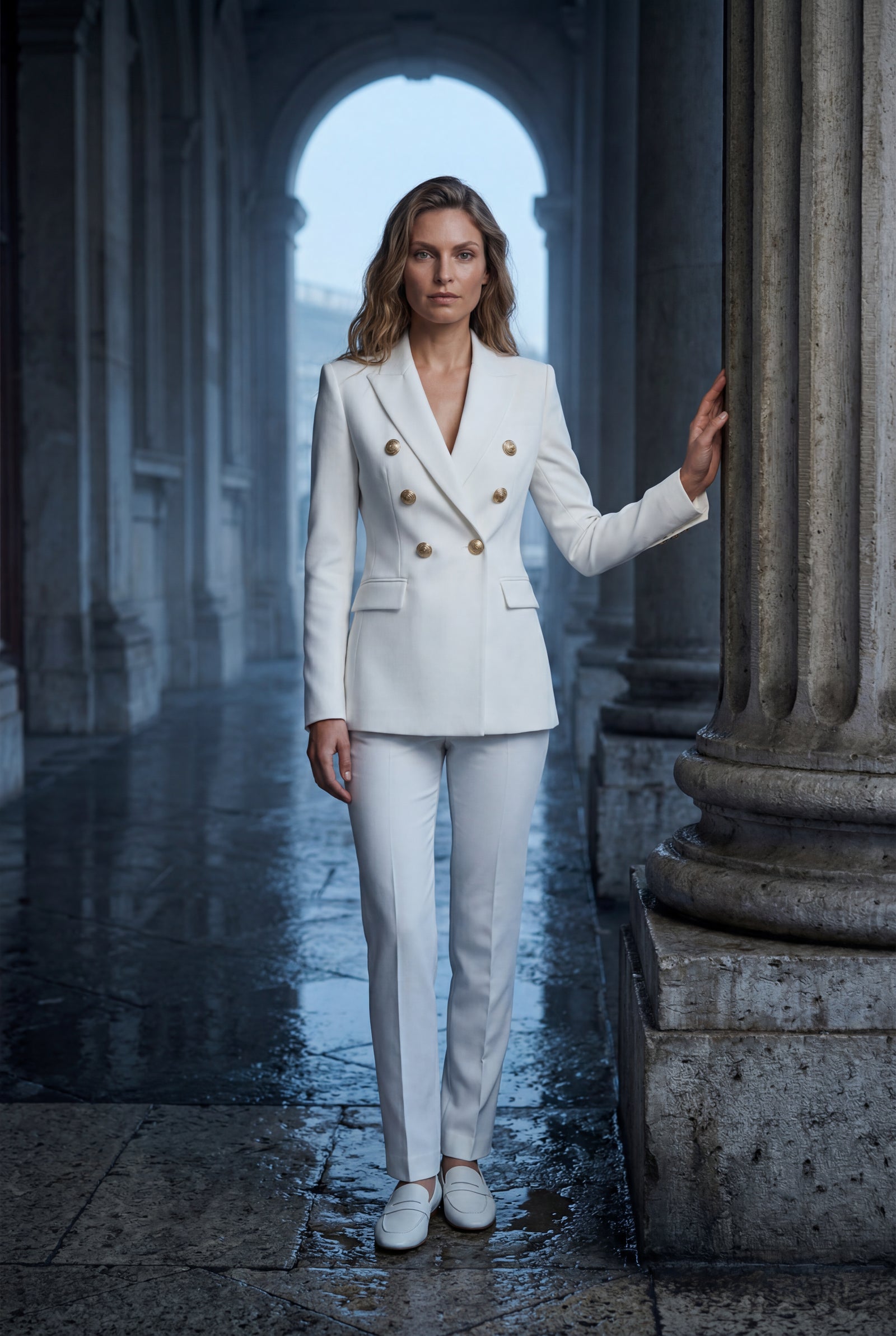 White Double-breasted Gold Button Tailored Blazer - Tailored blazers - Photo 11