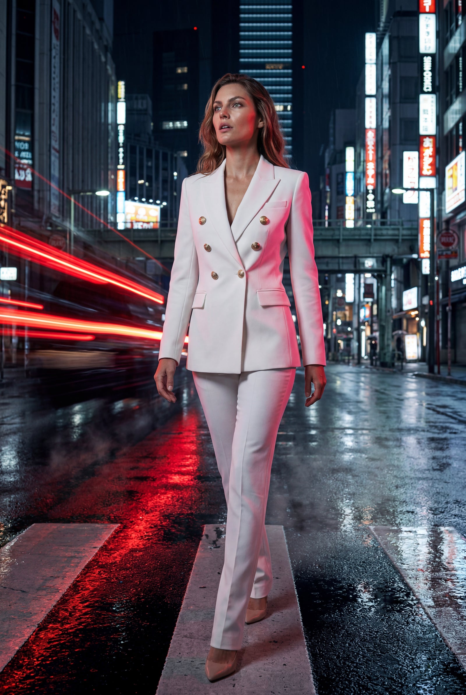 White Double-breasted Gold Button Tailored Blazer - Tailored blazers - Photo 14