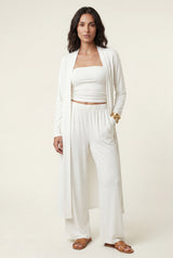 White Drapey Three-piece Bandeau Loungewear Set with Duster Cardigan - Photo 1