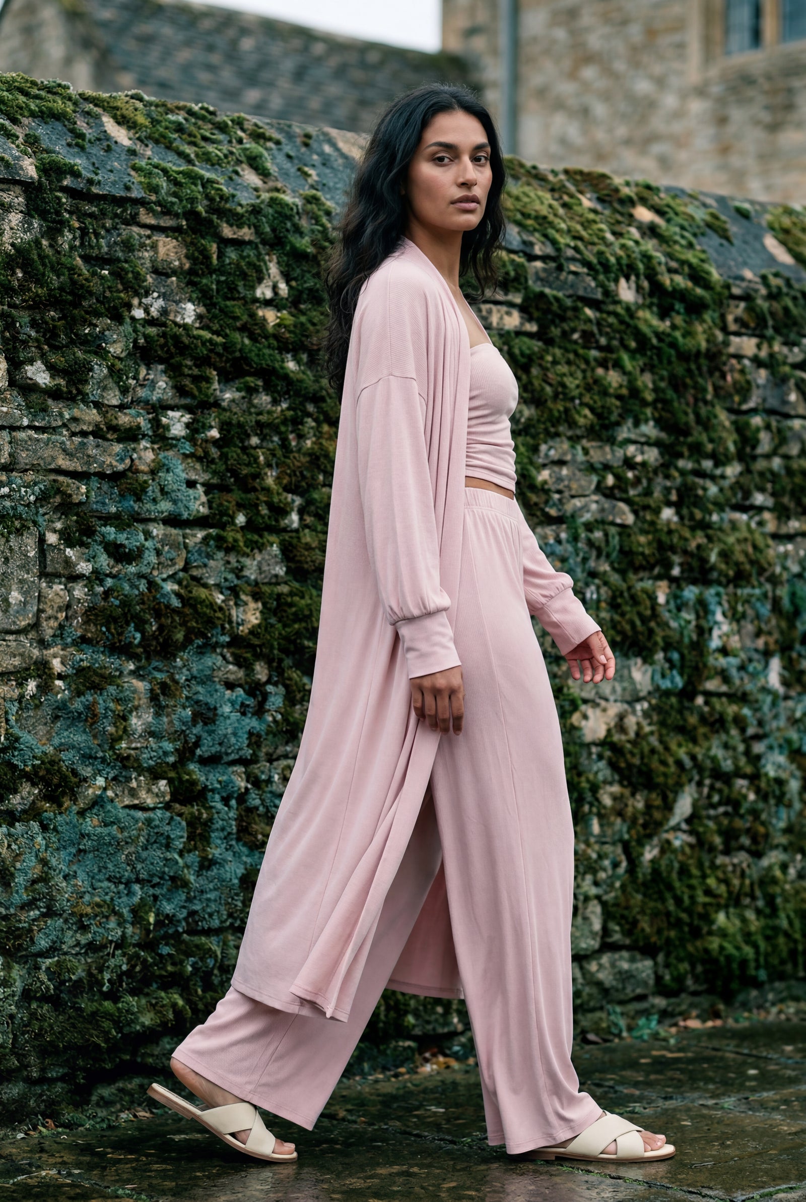 Baby Pink Drapey Three-piece Bandeau Loungewear Set with Duster Cardigan - Photo 5