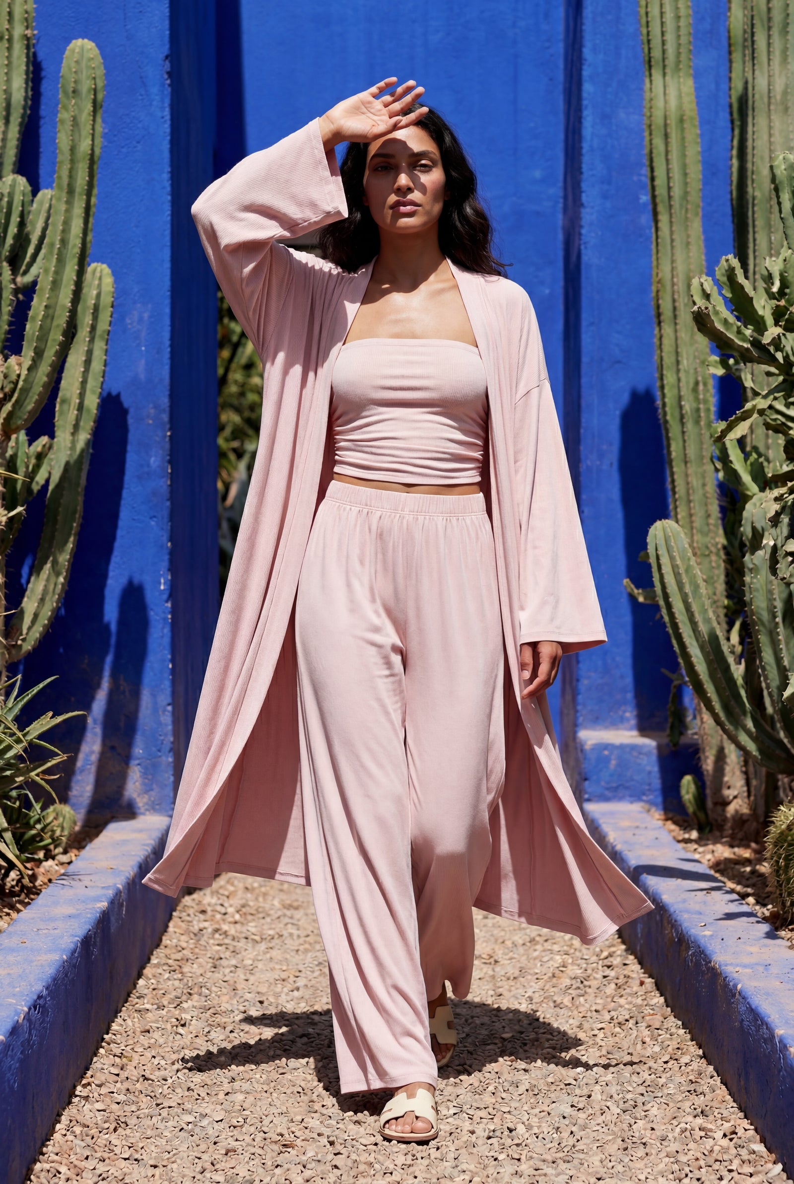Baby Pink Drapey Three-piece Bandeau Loungewear Set with Duster Cardigan - Photo 8