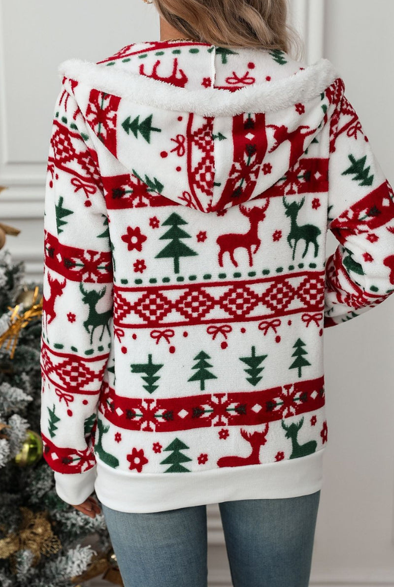 Fleece Holiday Zip-Up Hoodie in White — back