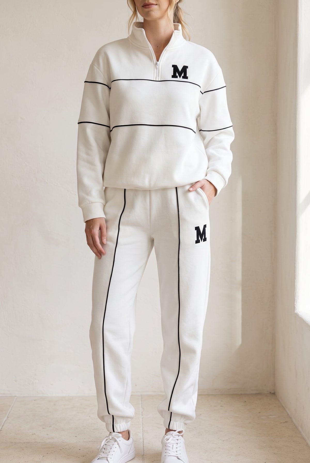 Fleece Loungewear Set in White — studio front