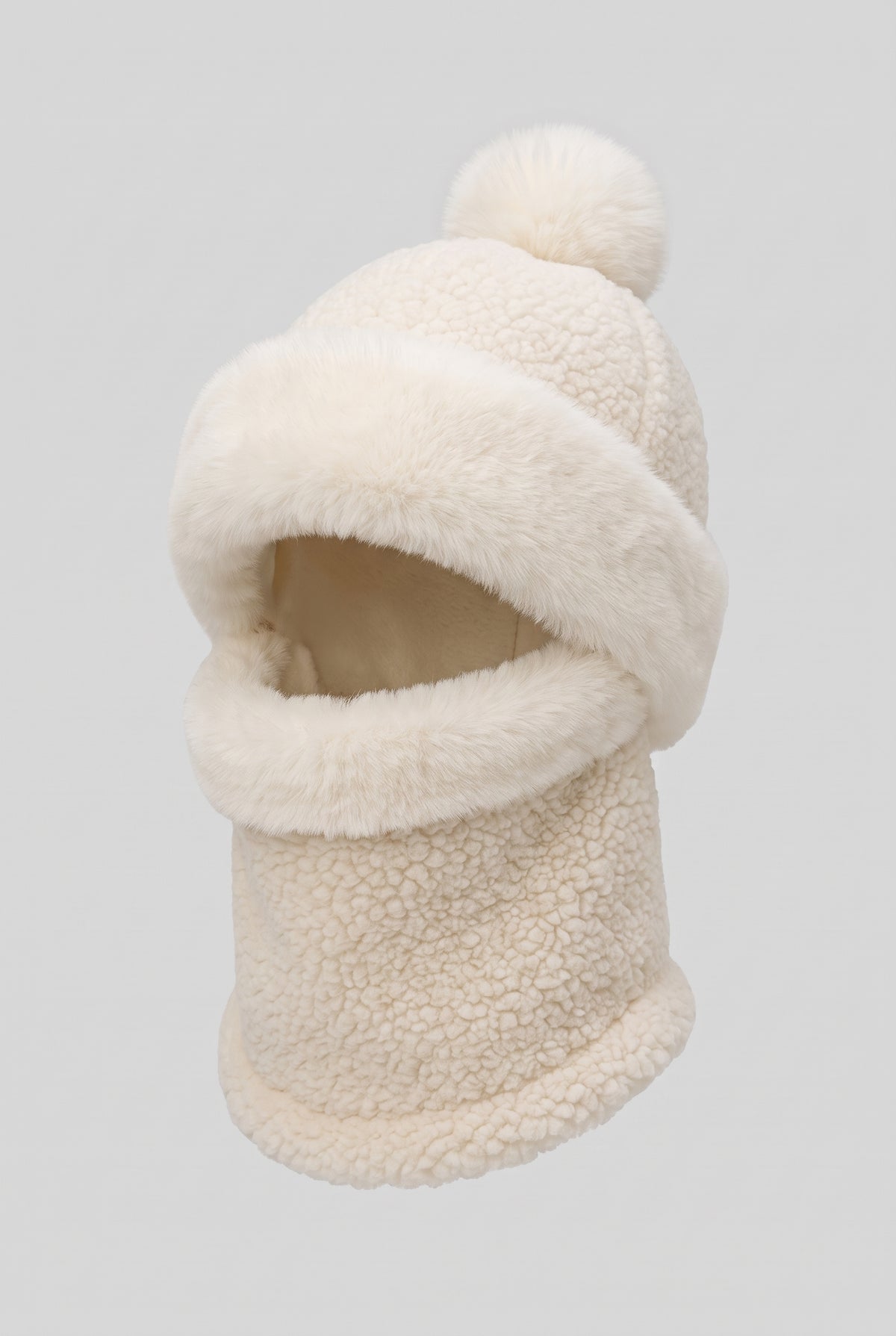 Fleece Pompom Balaclava in White — studio front