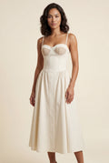 White Floral Corset Bodice Midi Dress with Spaghetti Straps - Photo 4
