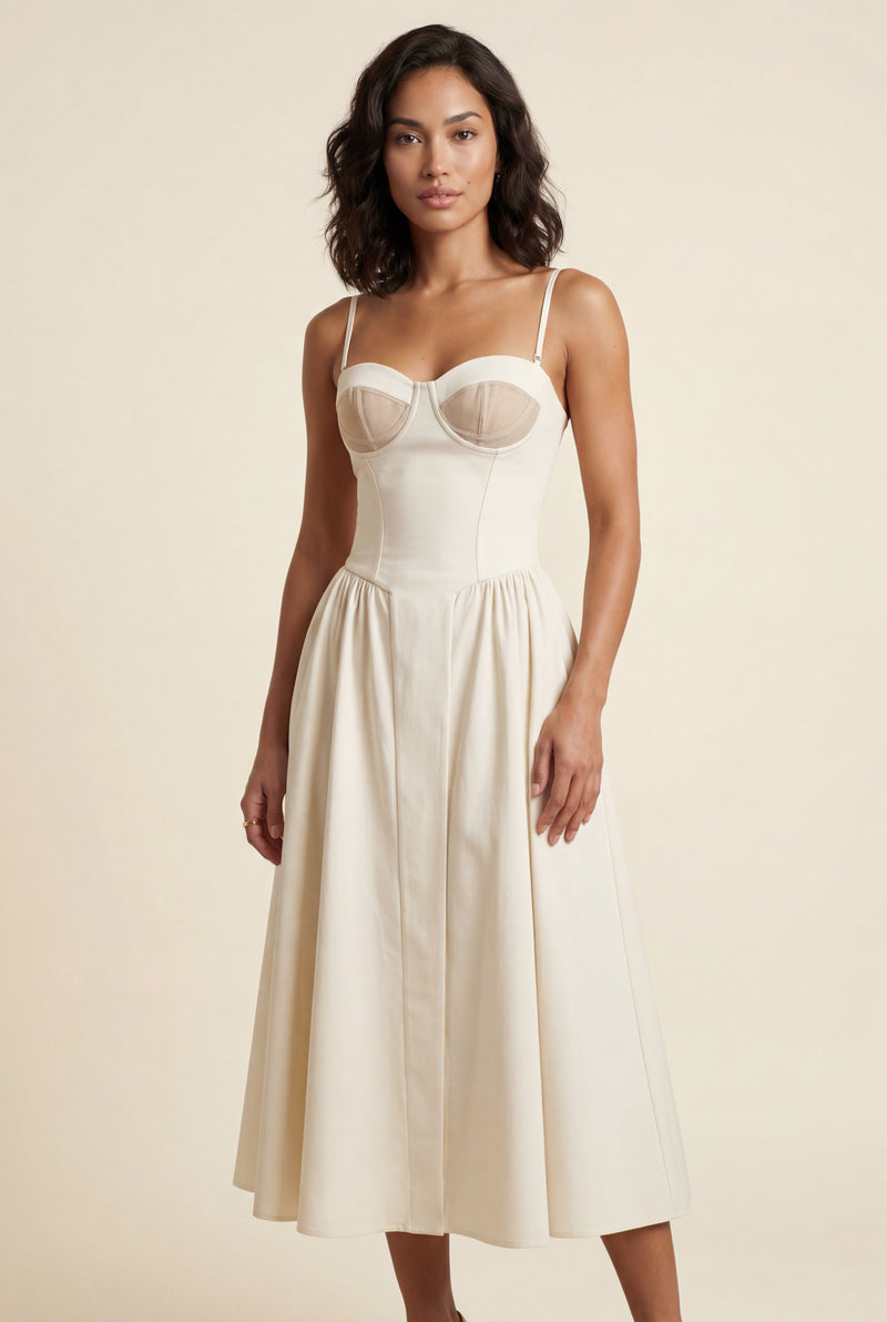 White Floral Corset Bodice Midi Dress with Spaghetti Straps - Photo 4