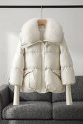 Fur Collar Puffer Jacket in White — studio front