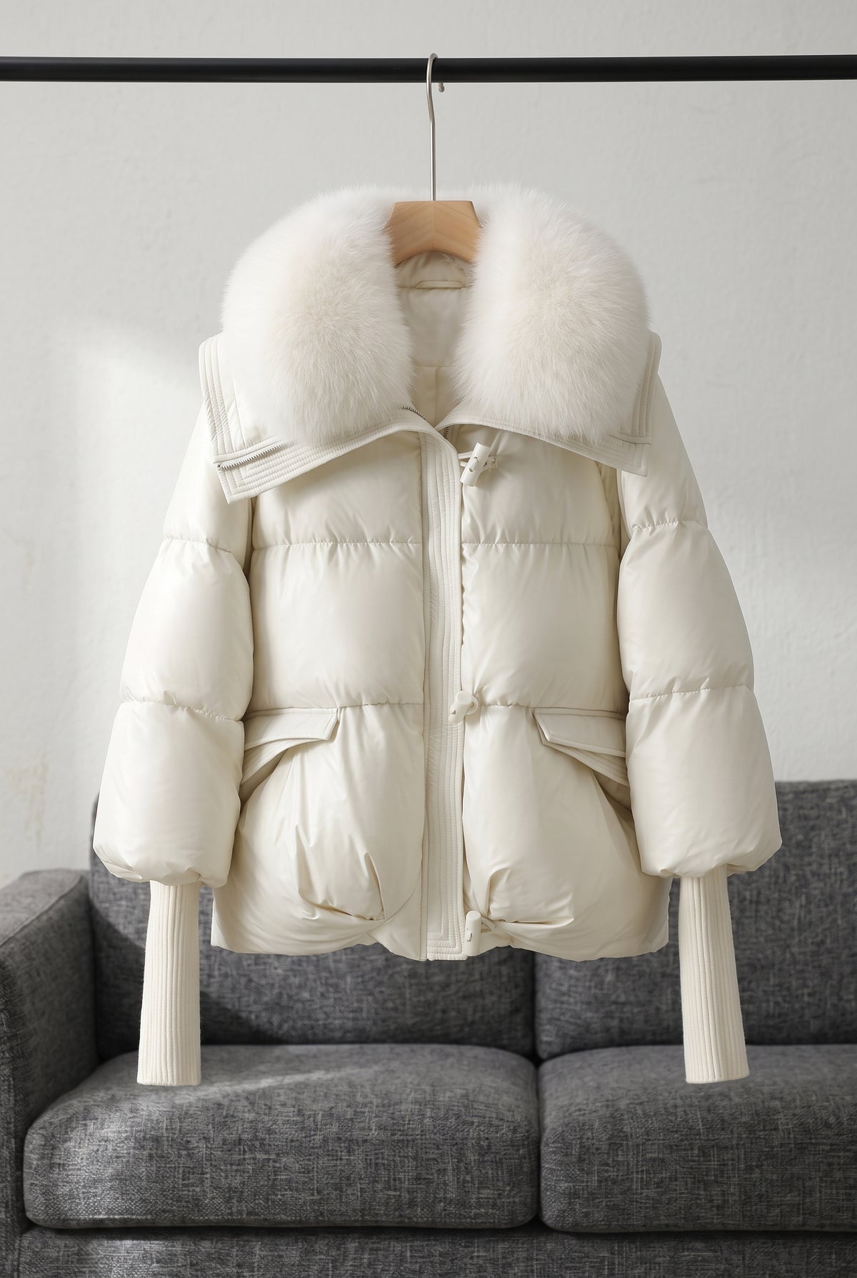 Fur Collar Puffer Jacket in White — studio front