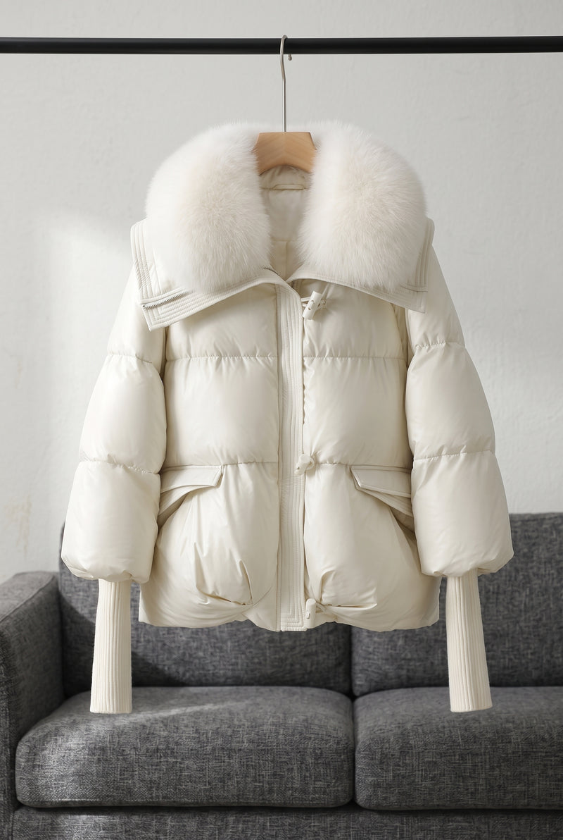 Fur Collar Puffer Jacket in White — studio front
