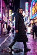 Black Geometric Quilted Calf-length Puffer Coat with Hood - Puffer jackets - Photo 11