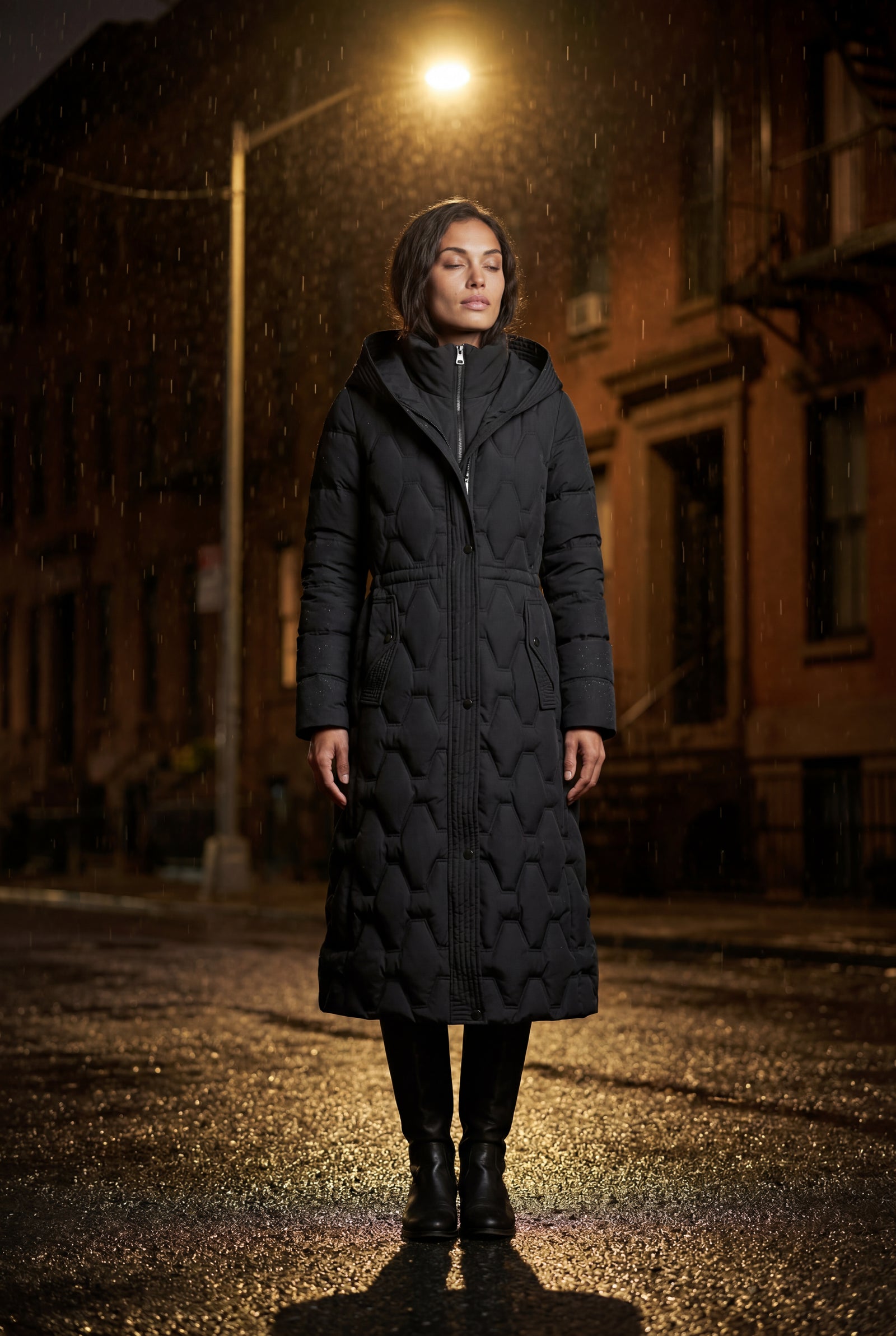 Black Geometric Quilted Calf-length Puffer Coat with Hood - Puffer jackets - Photo 12