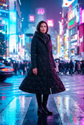 Black Geometric Quilted Calf-length Puffer Coat with Hood - Puffer jackets - Photo 13