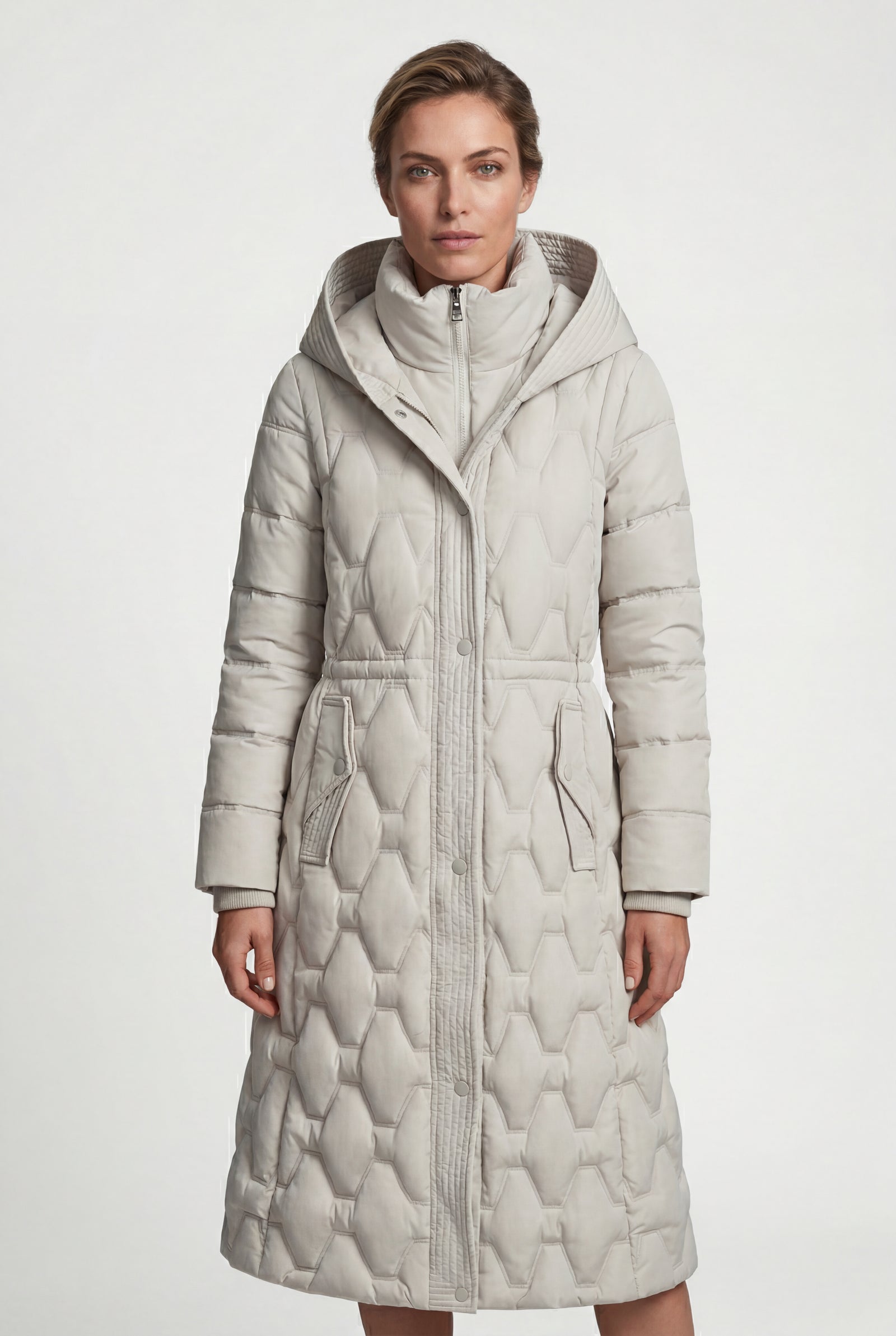 White Geometric Quilted Calf-length Puffer Coat with Hood - Puffer jackets - Photo 2