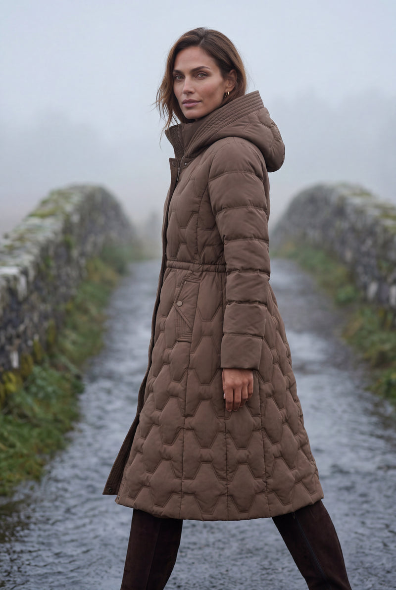 Brown Geometric Quilted Calf-length Puffer Coat with Hood - Puffer jackets - Photo 3