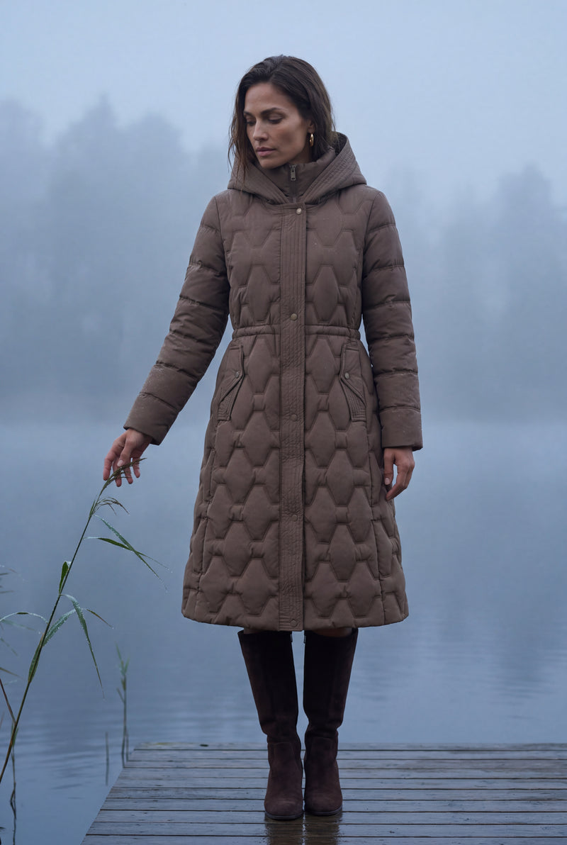 Brown Geometric Quilted Calf-length Puffer Coat with Hood - Puffer jackets - Photo 4