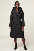 Black Geometric Quilted Calf-length Puffer Coat with Hood - Puffer jackets - Photo 5