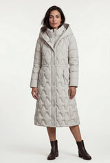 White Geometric Quilted Calf-length Puffer Coat with Hood - Puffer jackets - Photo 6