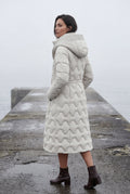 White Geometric Quilted Calf-length Puffer Coat with Hood - Puffer jackets - Photo 7