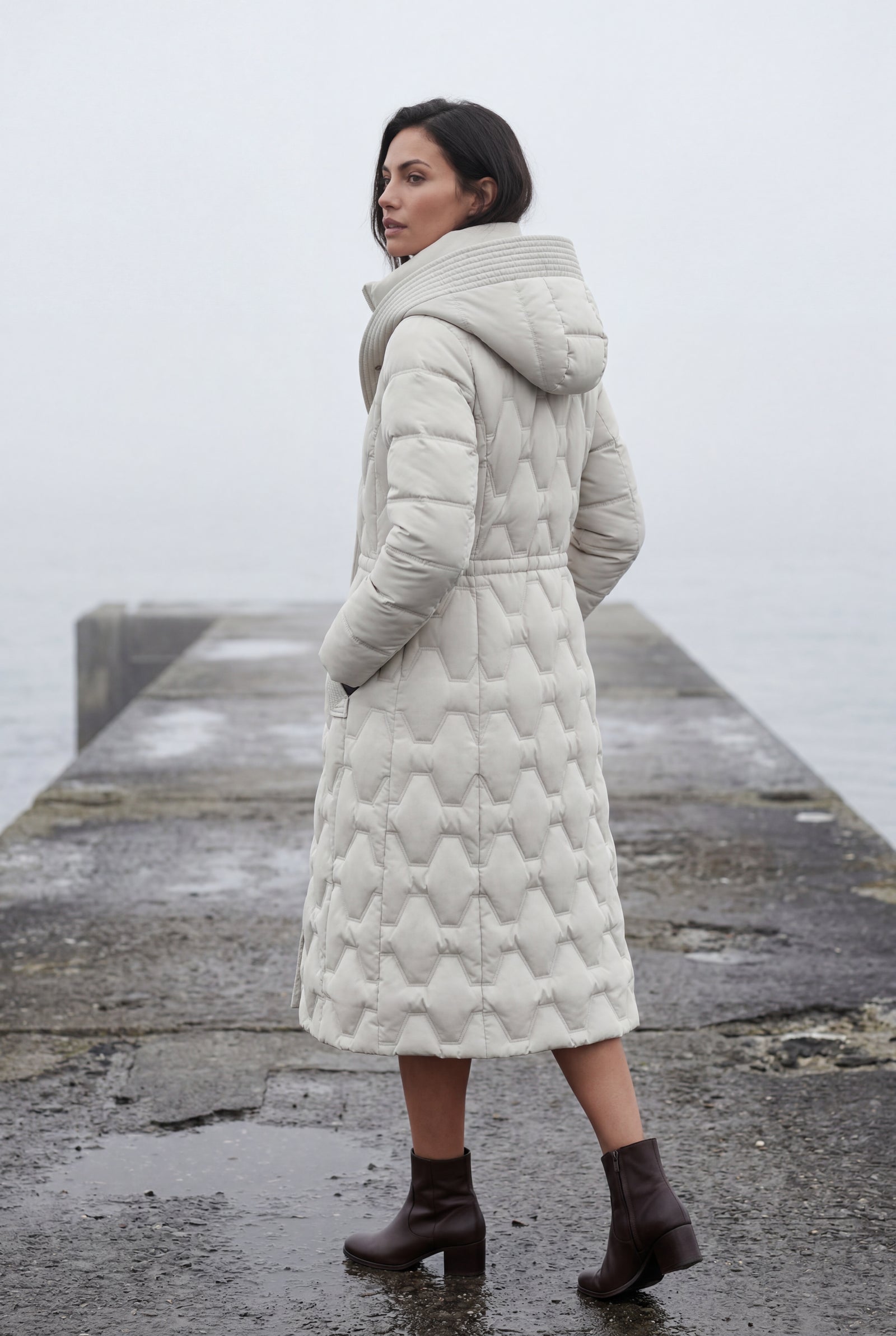 White Geometric Quilted Calf-length Puffer Coat with Hood - Puffer jackets - Photo 7