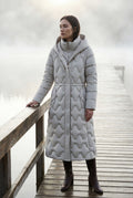 White Geometric Quilted Calf-length Puffer Coat with Hood - Puffer jackets - Photo 8